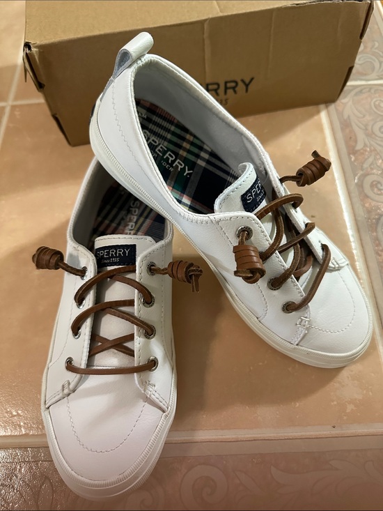 Sperry Shoes - Sperry White Leather Boat Shoes with Brown Laces